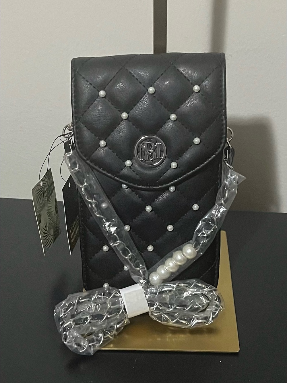 Badgley Mischka Quilted Pearl Accent Phone Bag